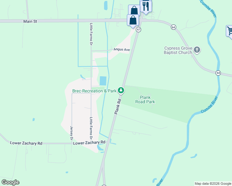 map of restaurants, bars, coffee shops, grocery stores, and more near 19533 Plank Road in Zachary