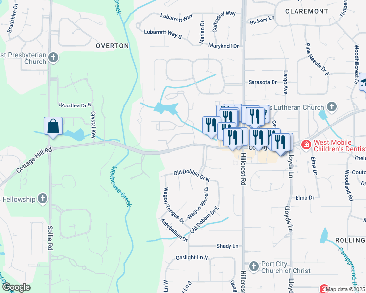 map of restaurants, bars, coffee shops, grocery stores, and more near 6700 Cottage Hill Road in Mobile