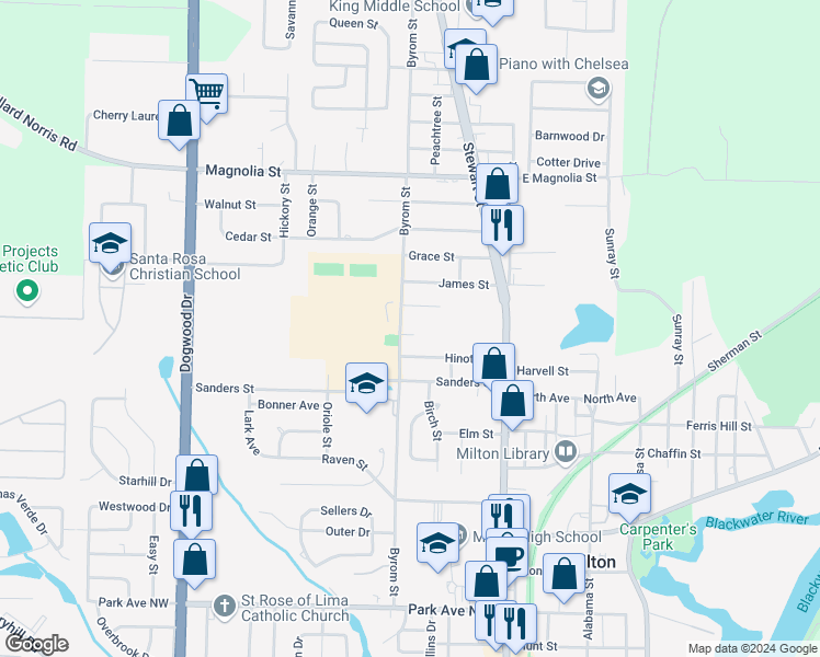 map of restaurants, bars, coffee shops, grocery stores, and more near 5662 Byrom Street in Milton