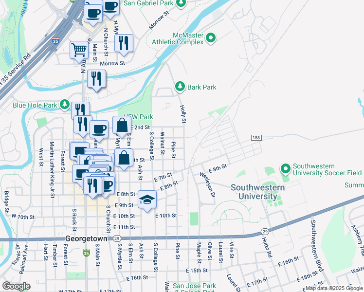 map of restaurants, bars, coffee shops, grocery stores, and more near 809 East 4th Street in Georgetown