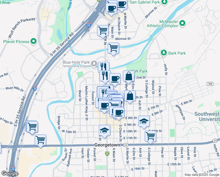 map of restaurants, bars, coffee shops, grocery stores, and more near 307 South Main Street in Georgetown