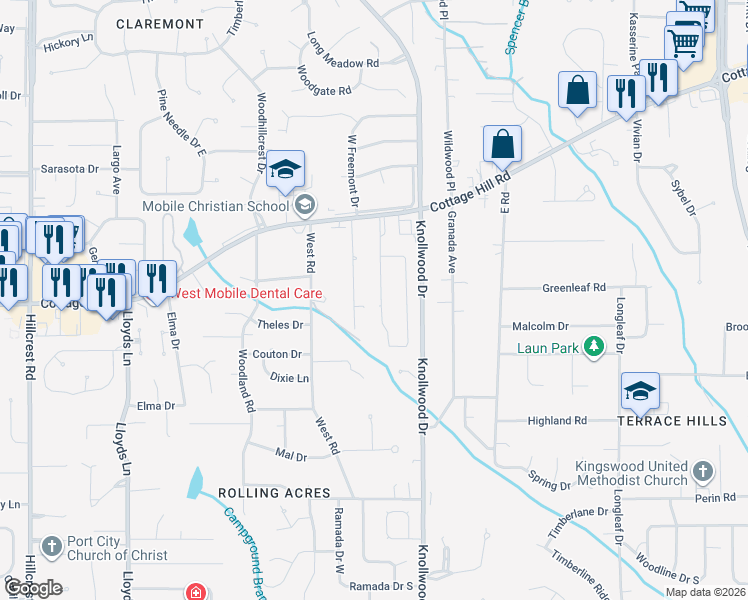 map of restaurants, bars, coffee shops, grocery stores, and more near 2340 Huffman Drive West in Mobile