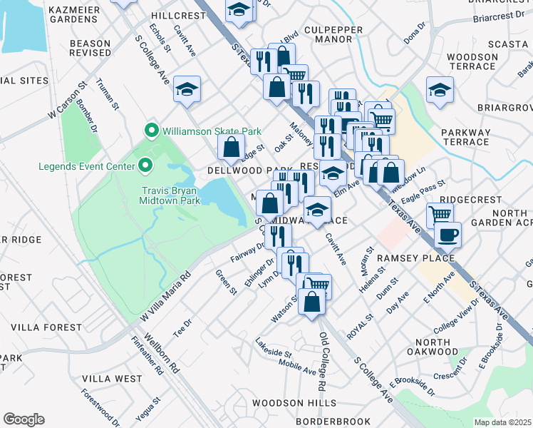 map of restaurants, bars, coffee shops, grocery stores, and more near 3007 South College Avenue in Bryan