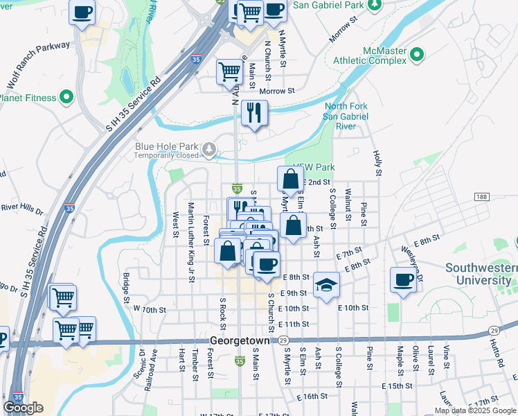map of restaurants, bars, coffee shops, grocery stores, and more near 309 South Main Street in Georgetown
