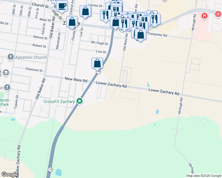 map of restaurants, bars, coffee shops, grocery stores, and more near 5162 Lower Zachary Road in Zachary