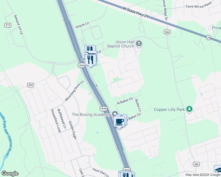 map of restaurants, bars, coffee shops, grocery stores, and more near 117 Deserti Road in Leander