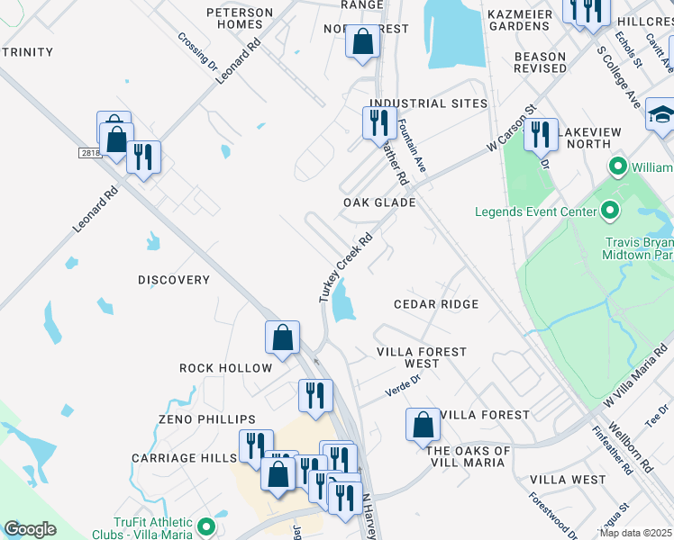 map of restaurants, bars, coffee shops, grocery stores, and more near 1226 Turkey Creek Road in Bryan