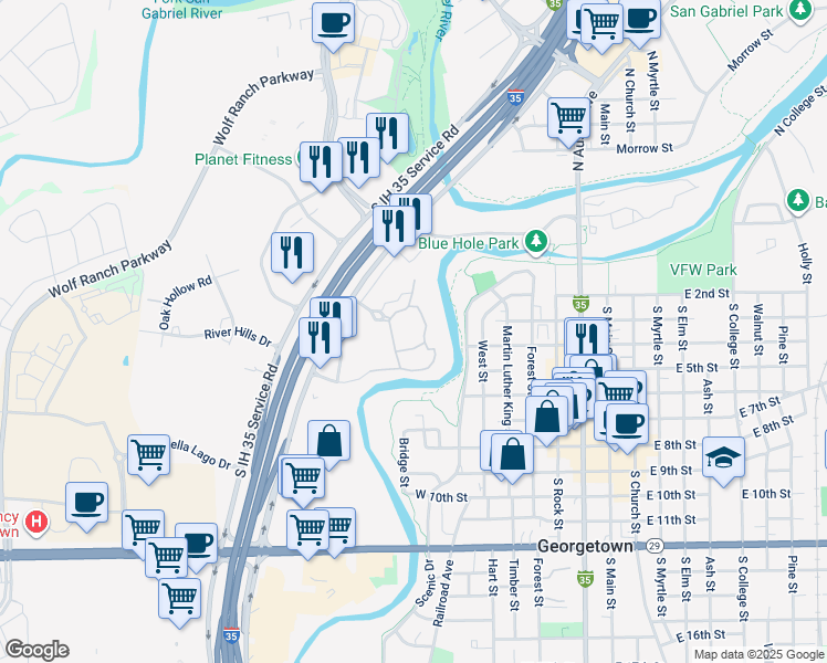 map of restaurants, bars, coffee shops, grocery stores, and more near 25 Waters Edge Circle in Georgetown