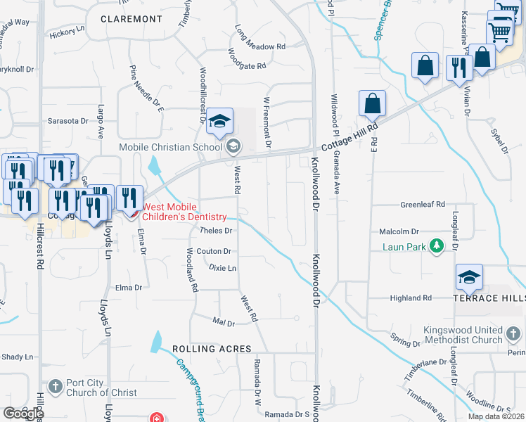 map of restaurants, bars, coffee shops, grocery stores, and more near 2416 Pavan Drive in Mobile
