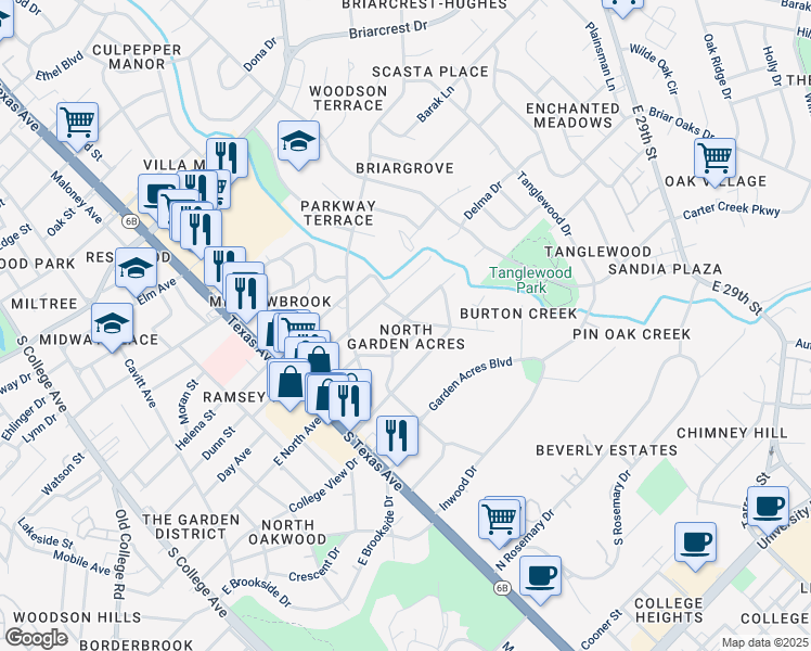 map of restaurants, bars, coffee shops, grocery stores, and more near 1011 Edgewood Drive in Bryan