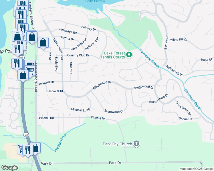 map of restaurants, bars, coffee shops, grocery stores, and more near 102 Leigh Circle in Daphne