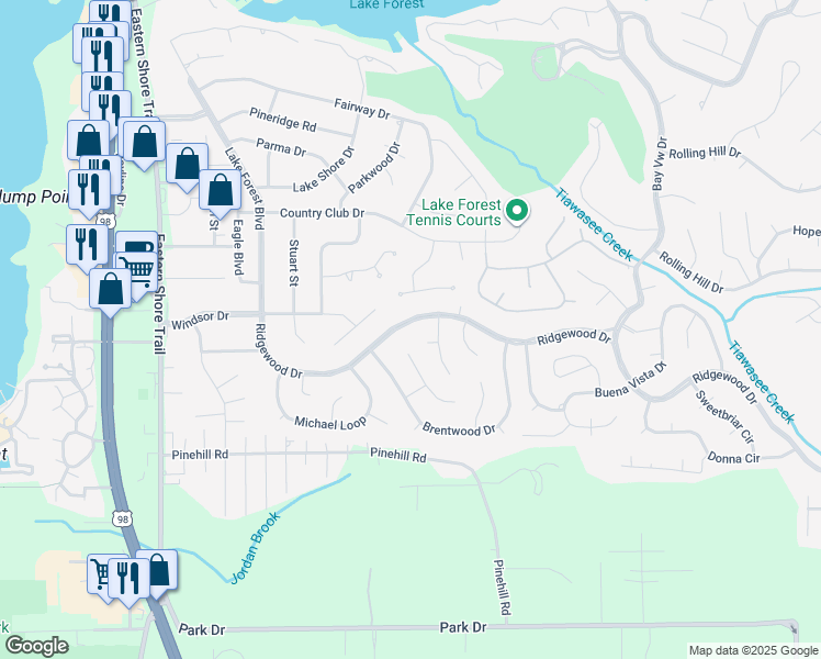map of restaurants, bars, coffee shops, grocery stores, and more near 149 Ridgewood Drive in Daphne