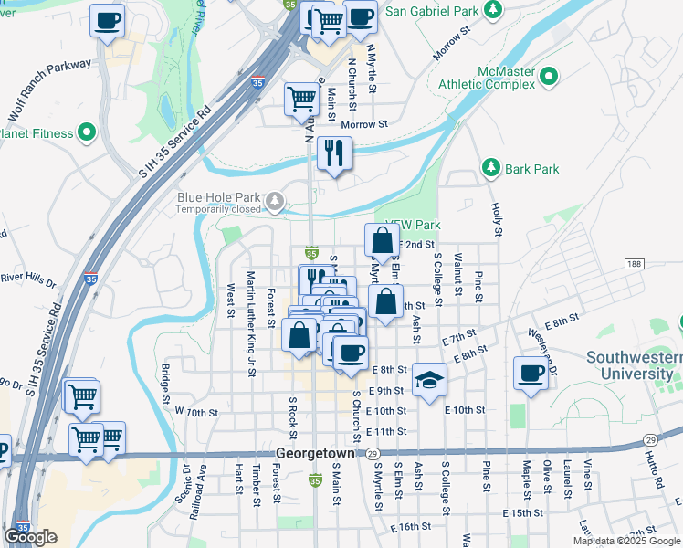map of restaurants, bars, coffee shops, grocery stores, and more near 307 S Main St in Georgetown