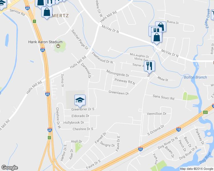 map of restaurants, bars, coffee shops, grocery stores, and more near 1519 Devonshire Drive in Mobile