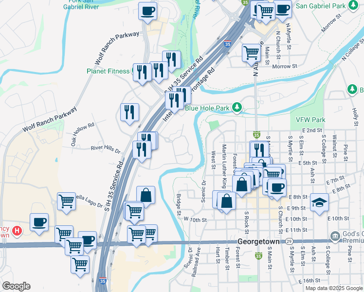 map of restaurants, bars, coffee shops, grocery stores, and more near 25 Waters Edge Circle in Georgetown