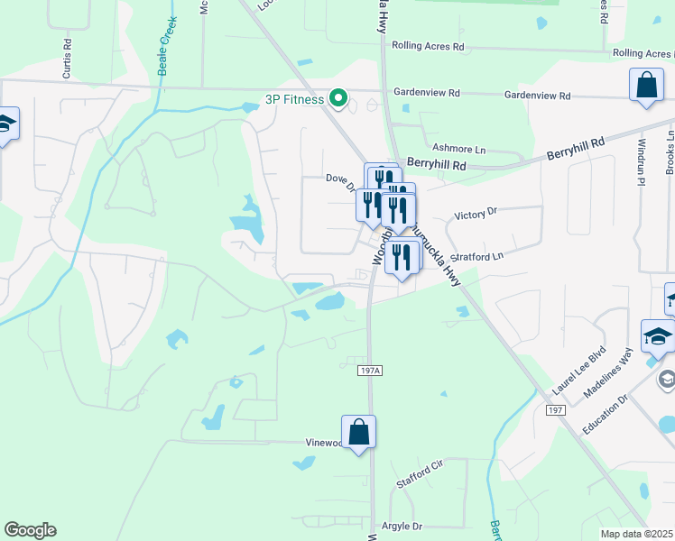 map of restaurants, bars, coffee shops, grocery stores, and more near 3348 Village Green Drive in Pace
