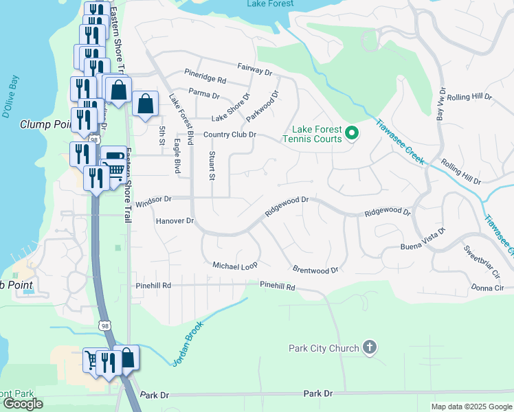 map of restaurants, bars, coffee shops, grocery stores, and more near 114 Windsor Court in Daphne
