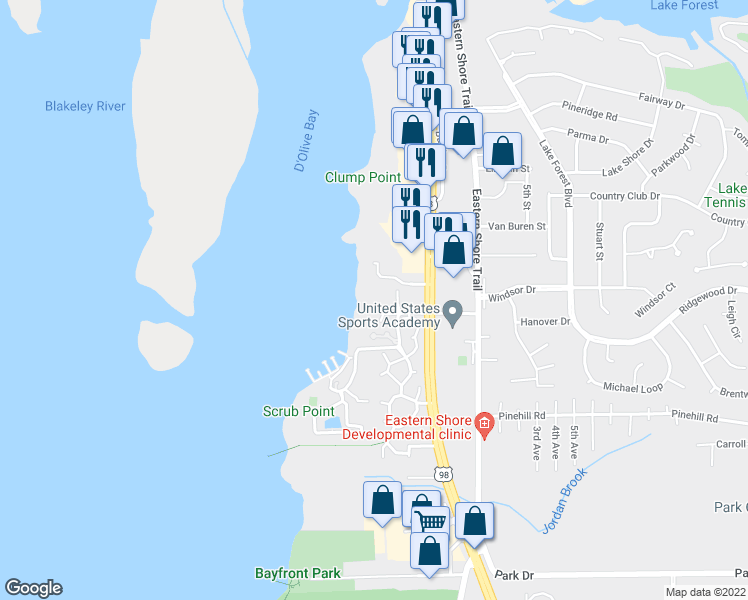 map of restaurants, bars, coffee shops, grocery stores, and more near 28509 2nd Street in Daphne