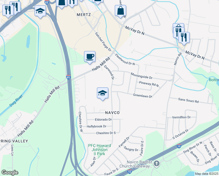 map of restaurants, bars, coffee shops, grocery stores, and more near 1508 Darwood Drive in Mobile