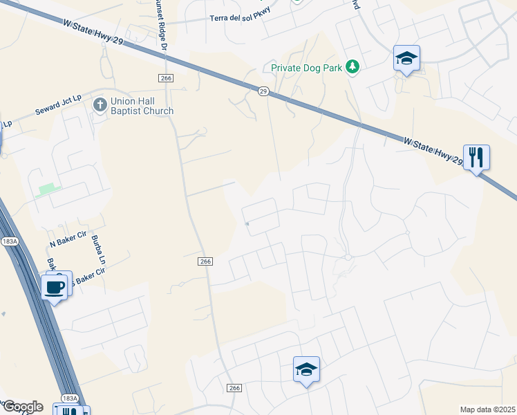 map of restaurants, bars, coffee shops, grocery stores, and more near 305 High Plains Pass in Georgetown