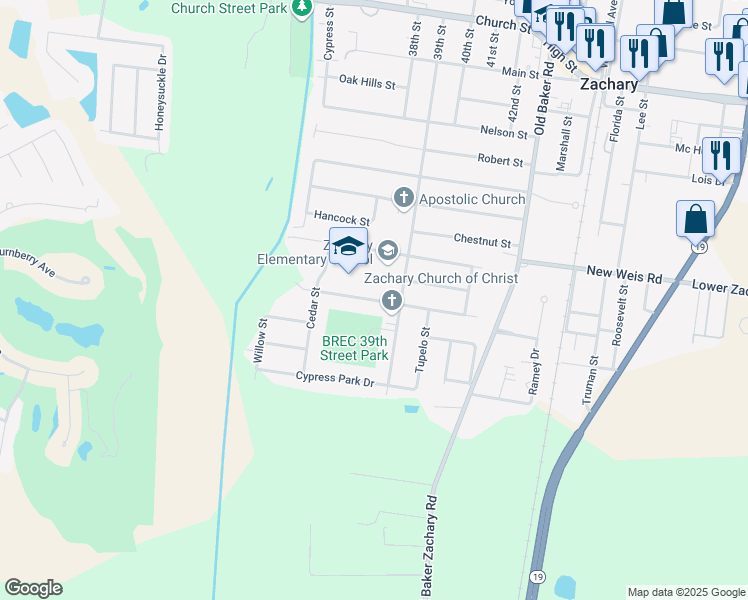 map of restaurants, bars, coffee shops, grocery stores, and more near 3775 Hemlock Street in Zachary