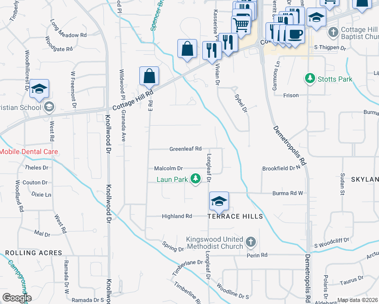 map of restaurants, bars, coffee shops, grocery stores, and more near 5417 Greenleaf Road in Mobile