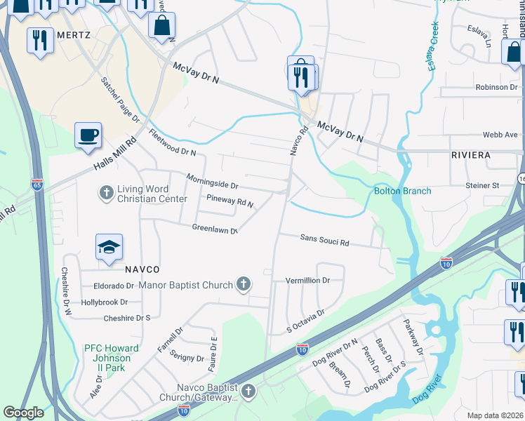 map of restaurants, bars, coffee shops, grocery stores, and more near 1515 Greenlawn Drive in Mobile