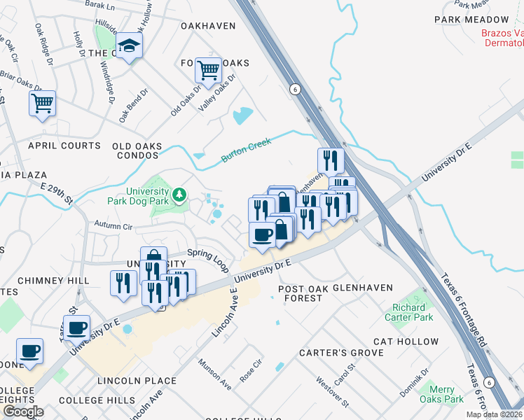 map of restaurants, bars, coffee shops, grocery stores, and more near 252 Forest Drive in College Station