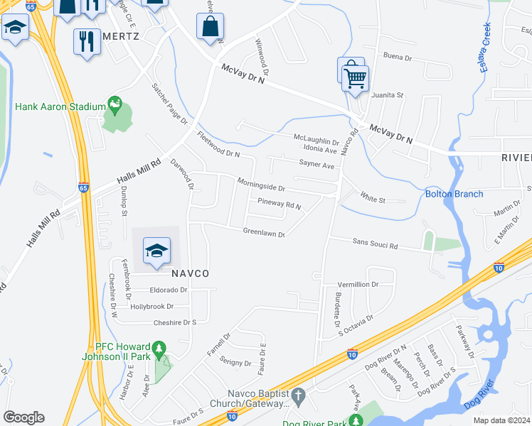 map of restaurants, bars, coffee shops, grocery stores, and more near 2510 Pineway Drive South in Mobile