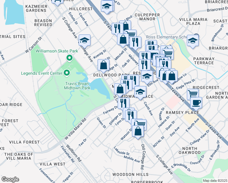 map of restaurants, bars, coffee shops, grocery stores, and more near 3007 South College Avenue in Bryan
