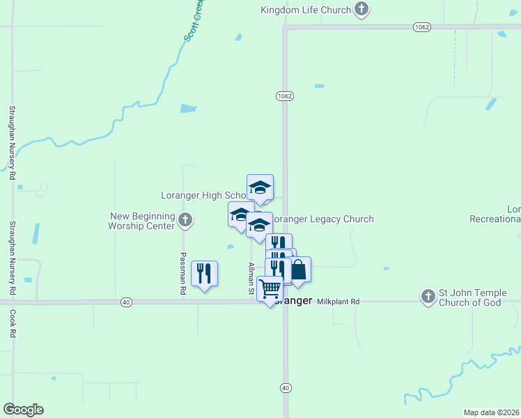 map of restaurants, bars, coffee shops, grocery stores, and more near 19404 Hiatt Road in Loranger