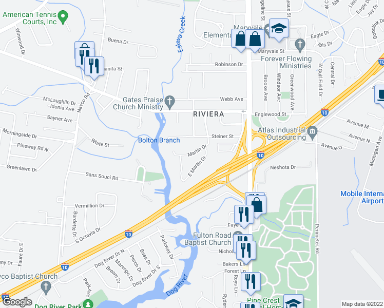 map of restaurants, bars, coffee shops, grocery stores, and more near 2166 Martin Drive in Mobile