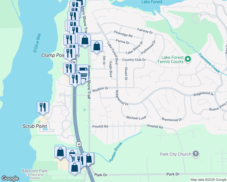 map of restaurants, bars, coffee shops, grocery stores, and more near 116-118 Windsor Drive in Daphne
