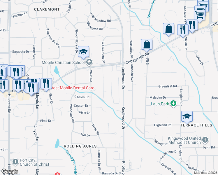 map of restaurants, bars, coffee shops, grocery stores, and more near 2340 Huffman Drive West in Mobile