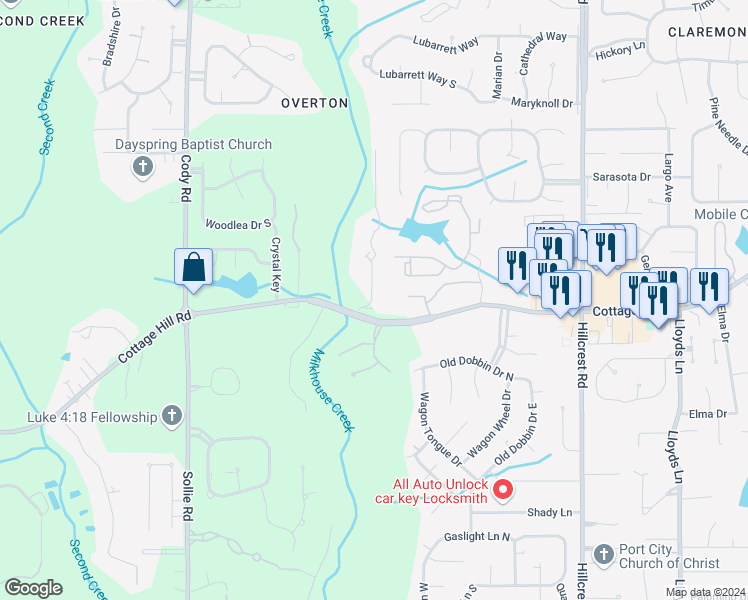 map of restaurants, bars, coffee shops, grocery stores, and more near 2279 Pesnell Court in Mobile