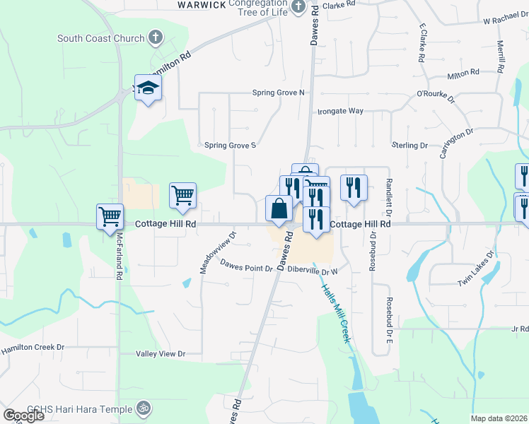 map of restaurants, bars, coffee shops, grocery stores, and more near 2425 Bobwhite Trail in Mobile