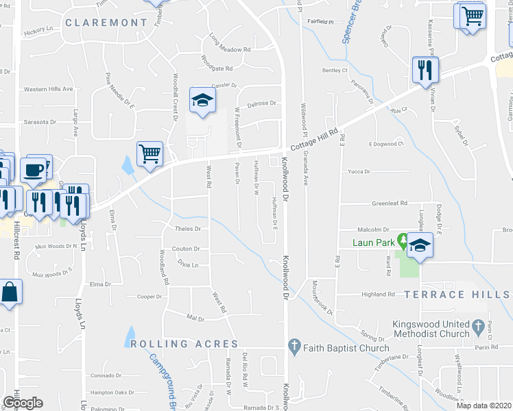 map of restaurants, bars, coffee shops, grocery stores, and more near 2345 Huffman Drive West in Mobile