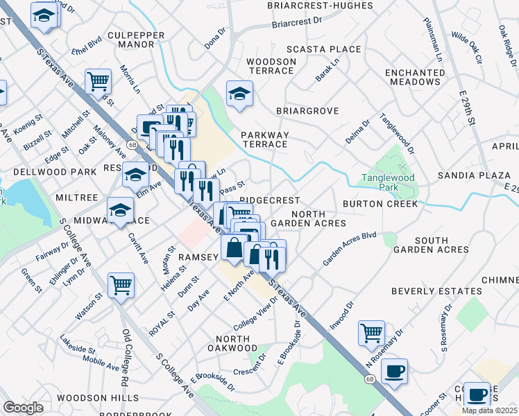 map of restaurants, bars, coffee shops, grocery stores, and more near 725 Mary Lake Drive in Bryan