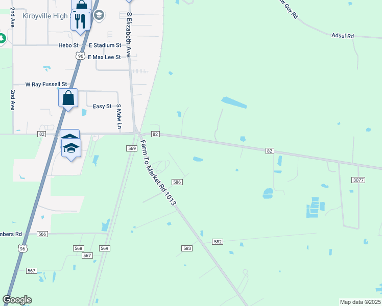 map of restaurants, bars, coffee shops, grocery stores, and more near 477 Farm to Market 82 in Kirbyville