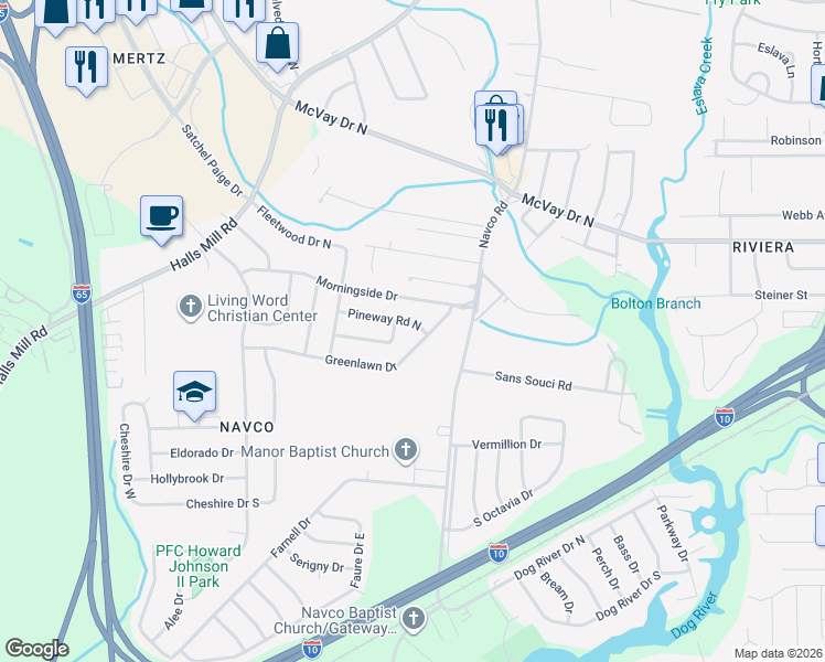 map of restaurants, bars, coffee shops, grocery stores, and more near 1515-1549 Greenlawn Drive in Mobile