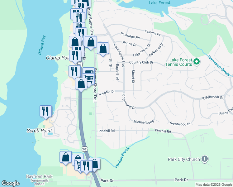 map of restaurants, bars, coffee shops, grocery stores, and more near 116 Windsor Drive in Daphne