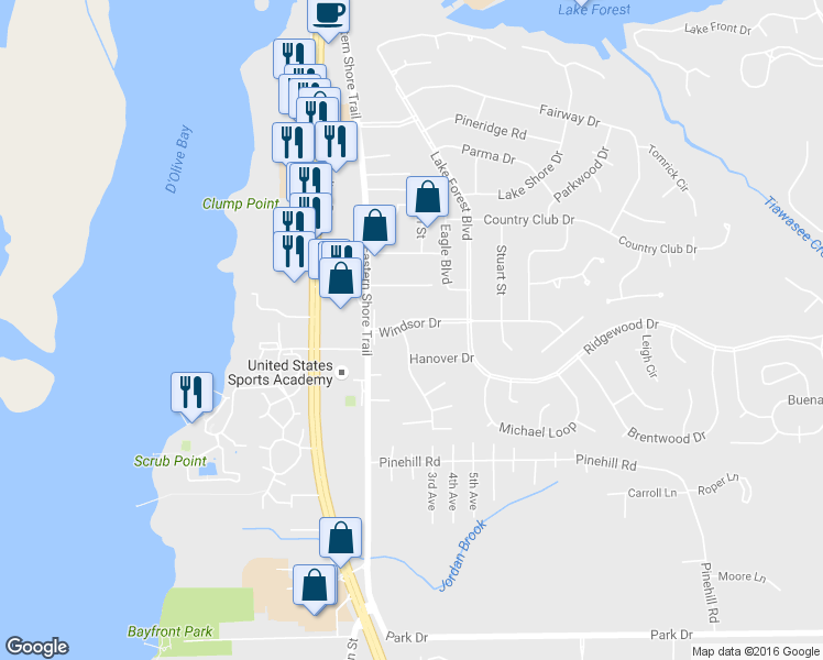 map of restaurants, bars, coffee shops, grocery stores, and more near 108 Windsor Drive in Daphne