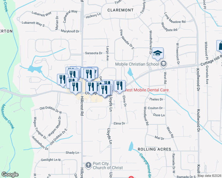 map of restaurants, bars, coffee shops, grocery stores, and more near 6208 Cottage Hill Road in Mobile