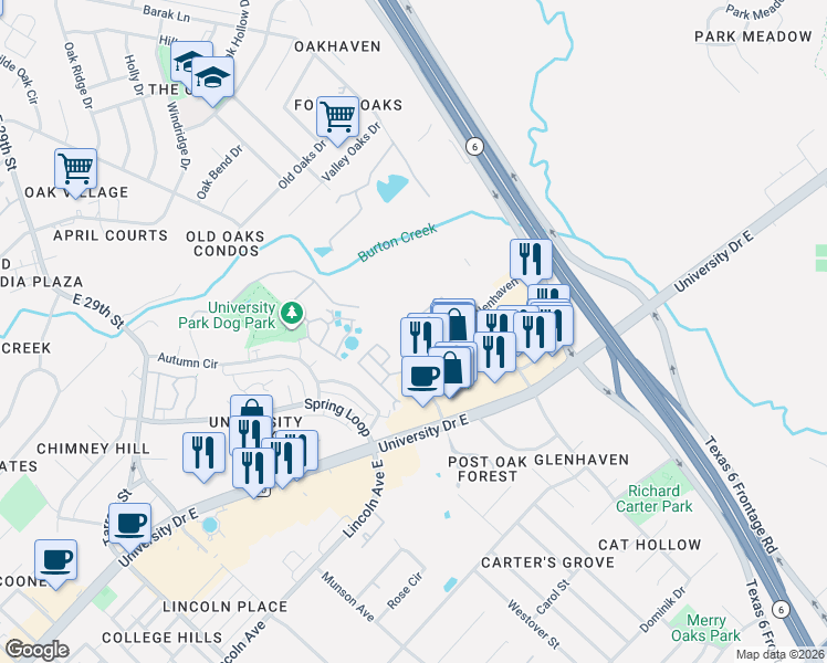 map of restaurants, bars, coffee shops, grocery stores, and more near 252 Forest Drive in College Station
