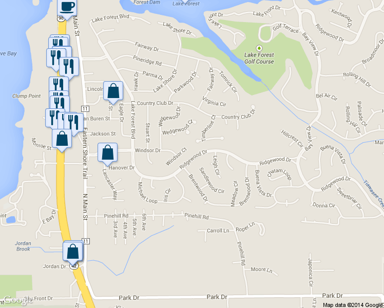 map of restaurants, bars, coffee shops, grocery stores, and more near 149 Ridgewood Drive in Daphne