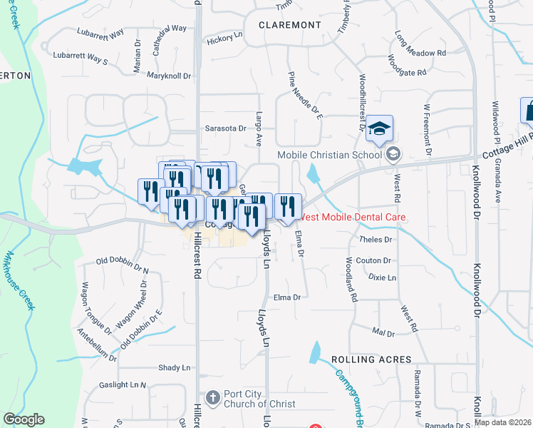 map of restaurants, bars, coffee shops, grocery stores, and more near 6208 Cottage Hill Road in Mobile