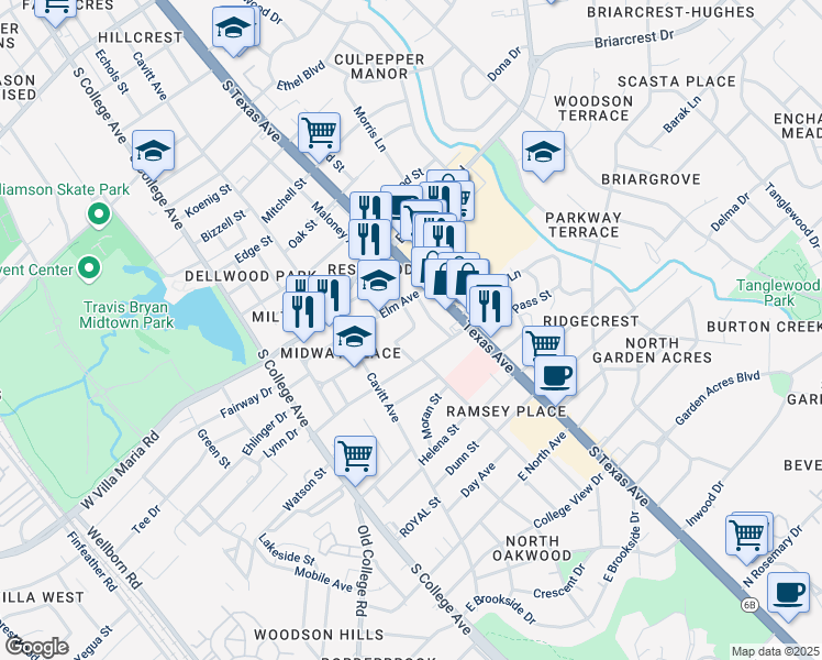 map of restaurants, bars, coffee shops, grocery stores, and more near 499 Willow St in Bryan