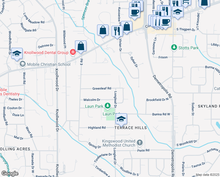 map of restaurants, bars, coffee shops, grocery stores, and more near 5432 Greenleaf Road in Mobile