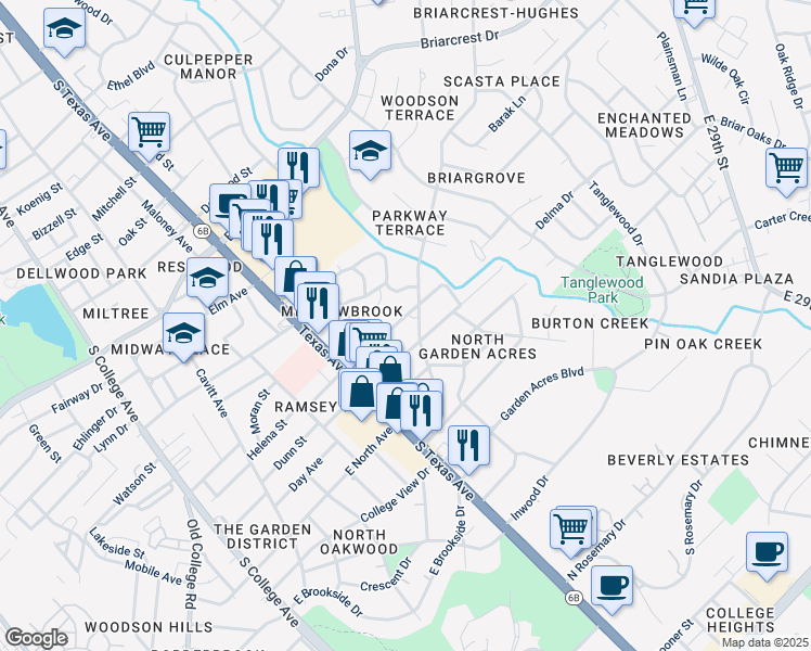 map of restaurants, bars, coffee shops, grocery stores, and more near 727 Mary Lake Drive in Bryan