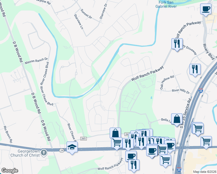 map of restaurants, bars, coffee shops, grocery stores, and more near 408 Canyon View Road in Georgetown
